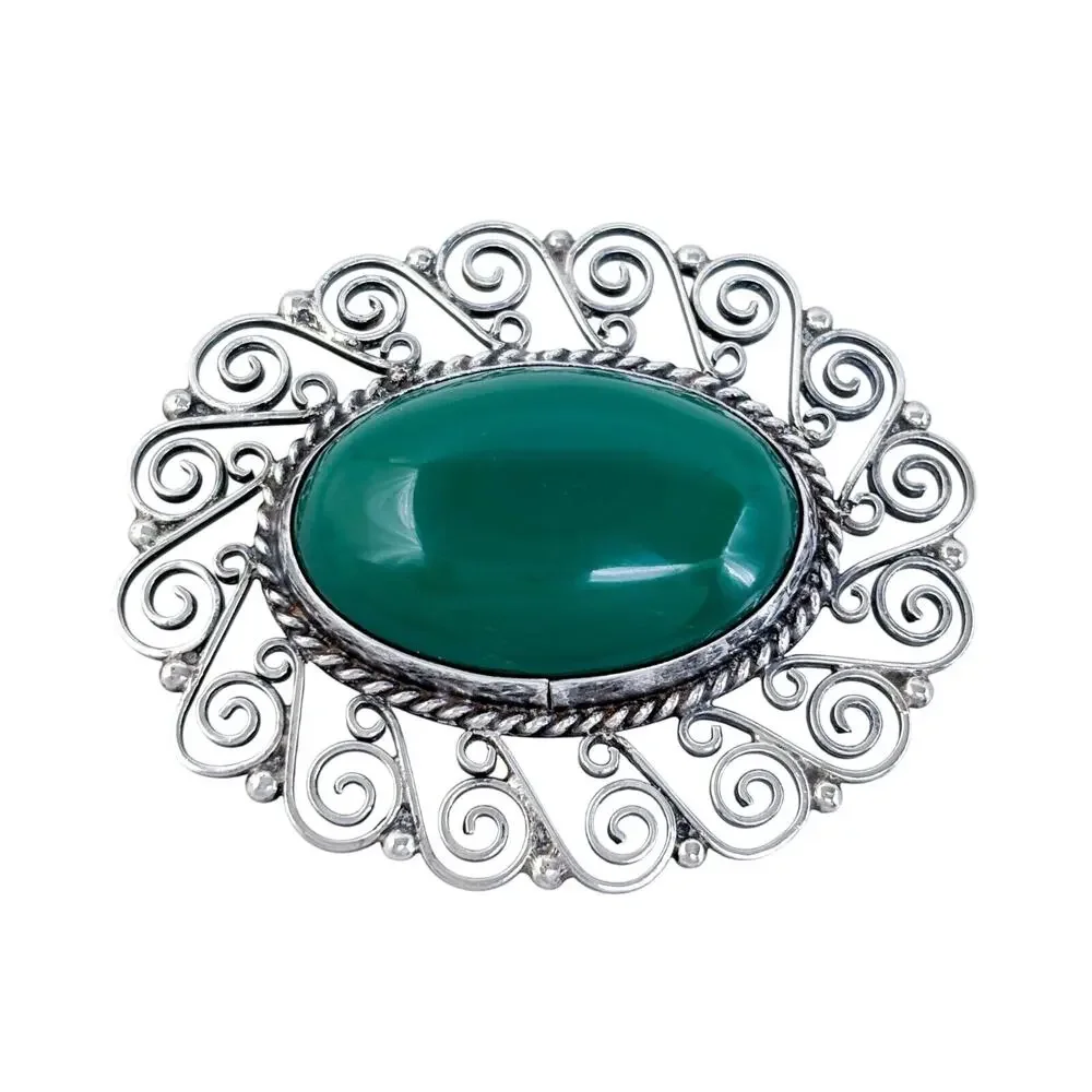Vintage Sterling Silver 925 Green Onyx Filigree Brooch Pin